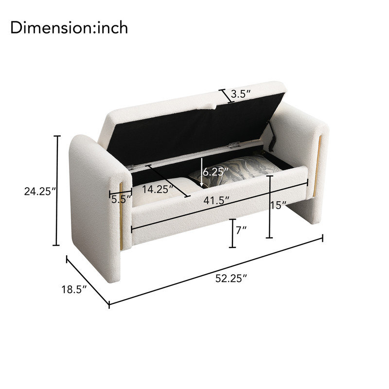 Banc de rangement rembourré avec accoudoirs Modern Cream Teddy