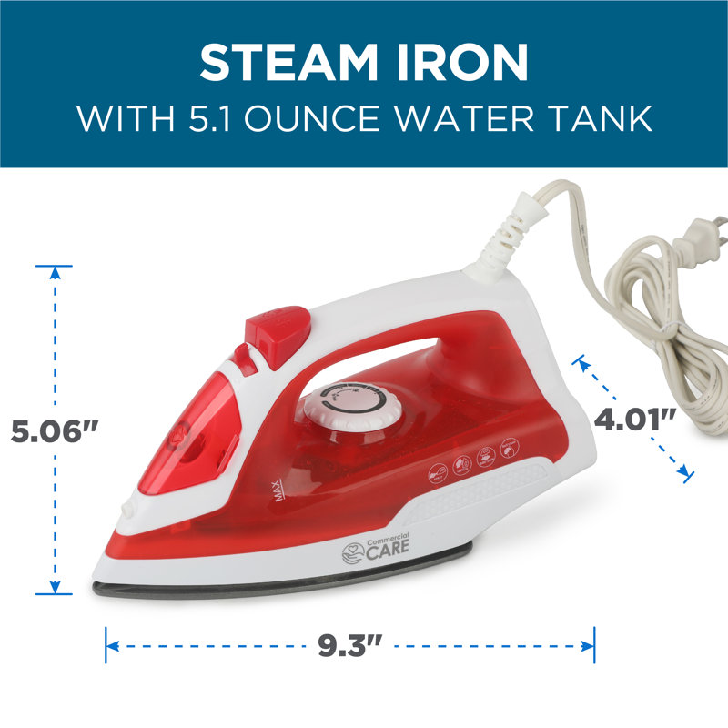 CCSC Series COMMERCIAL CARE Steam Iron, Self-Cleaning Steamer for Clothes with Nonstick Soleplate, White/Red