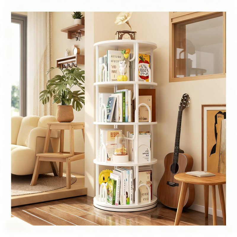 Tour de bibliothèque rotative à 4 niveaux, bibliothèque pivotante à 360 degrés avec conception ronde peu encombrante, organisateur de coin vertical pour livres, jouets et décoration intérieure
