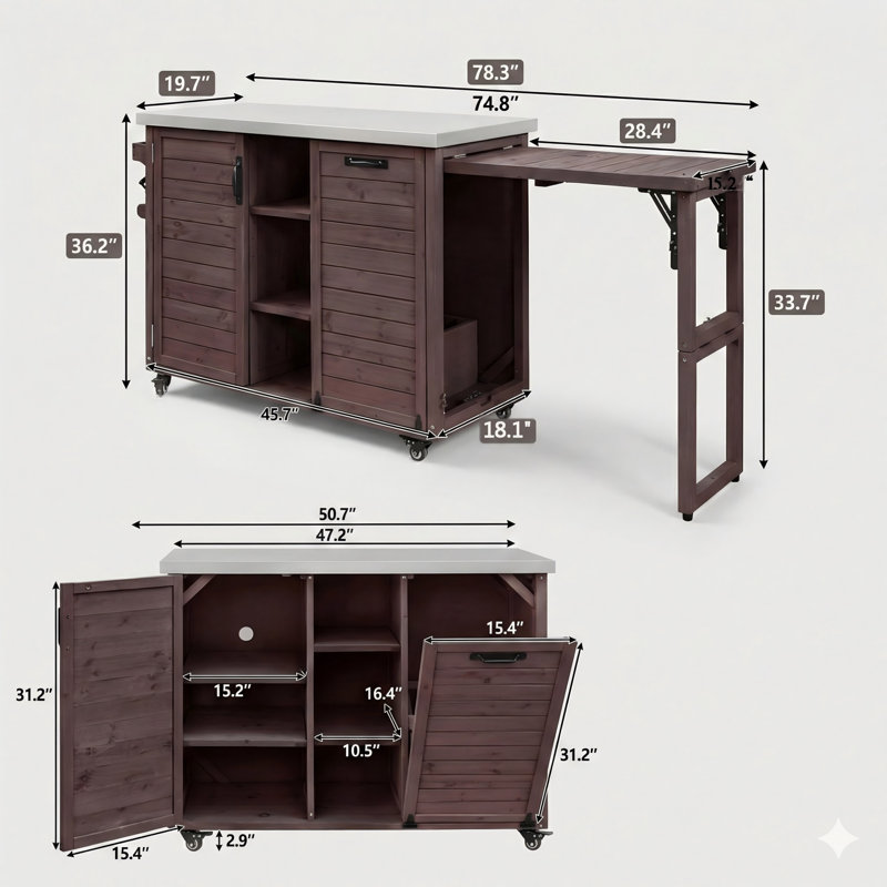 78.3-Inch Outdoor Kitchen Island Station with Foldable Grill Side Table, Solid Wood BBQ Cart Featuring Trash Bin Compartment and Stainless Steel Work Surface – Multi-Functional Outdoor Bar Cart