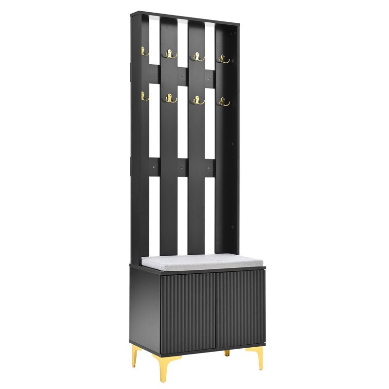 Arbre d'entrée étroit de 23,6 po avec banc rembourré et portes cannelées, organisateur de hall d'entrée de luxe moderne avec 8 crochets dorés, portemanteau mince avec armoire escamotable, accent noir et doré pour les petits espaces