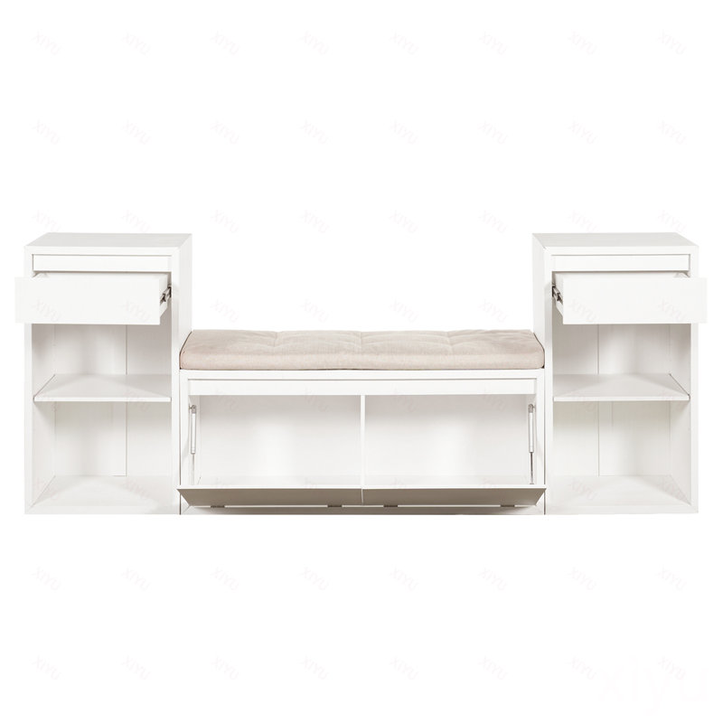 Banc de rangement tout-en-un avec coussin, compartiments, tiroirs et tablettes ouvertes, banc de rangement pour couloir, vestibule, salon