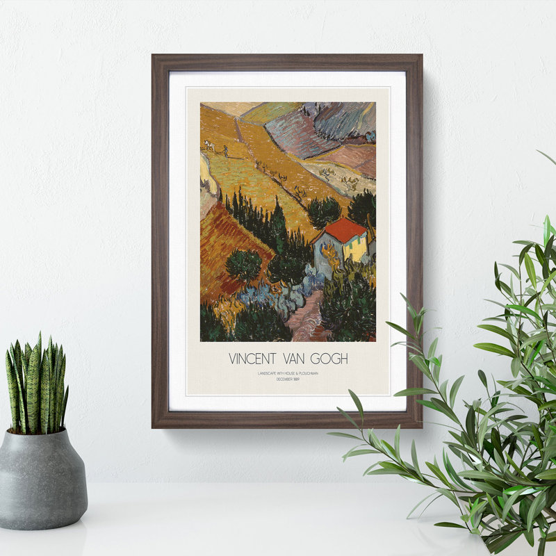 Landscape with Border by Vincent Van Gogh - Picture Frame Painting, 48cm H x 36cm W x 2cm D, Walnut Framed