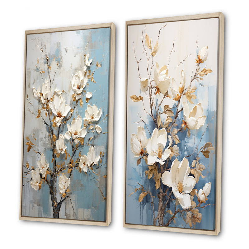 Ensemble de salon art mural bleu et blanc Magnolias, H 40 po x l 41 po, Encadrement brun
