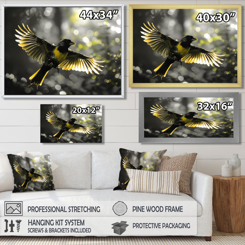 Jaune, noir, rythme de la forêt tropicale, oiseau II, Toile argentée avec cadre flottant, H 34 po x l 44 po x P 1,5 po