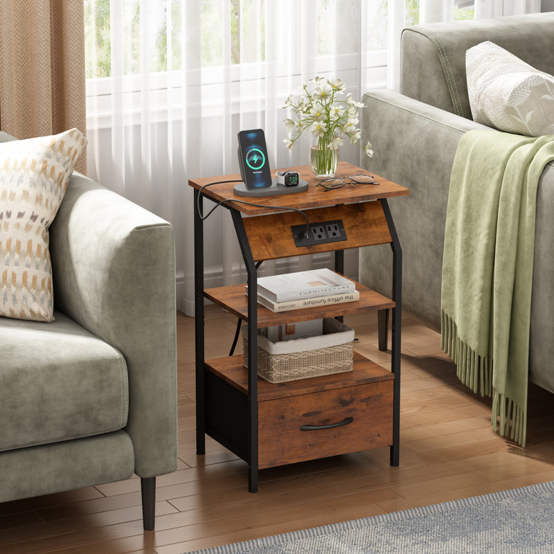 Table de chevet avec tablette, tiroir en tissu et station de charge, table de bout avec rangement, table de chevet en bois avec prises USB pour canapé de salon