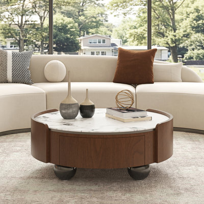 Table basse de luxe avec plateau en pierre blanche à motif en marbre, armoire courbée en bois avec tiroirs de rangement, table basse cylindrique à base sphérique unique pour un espace de vie contemporain