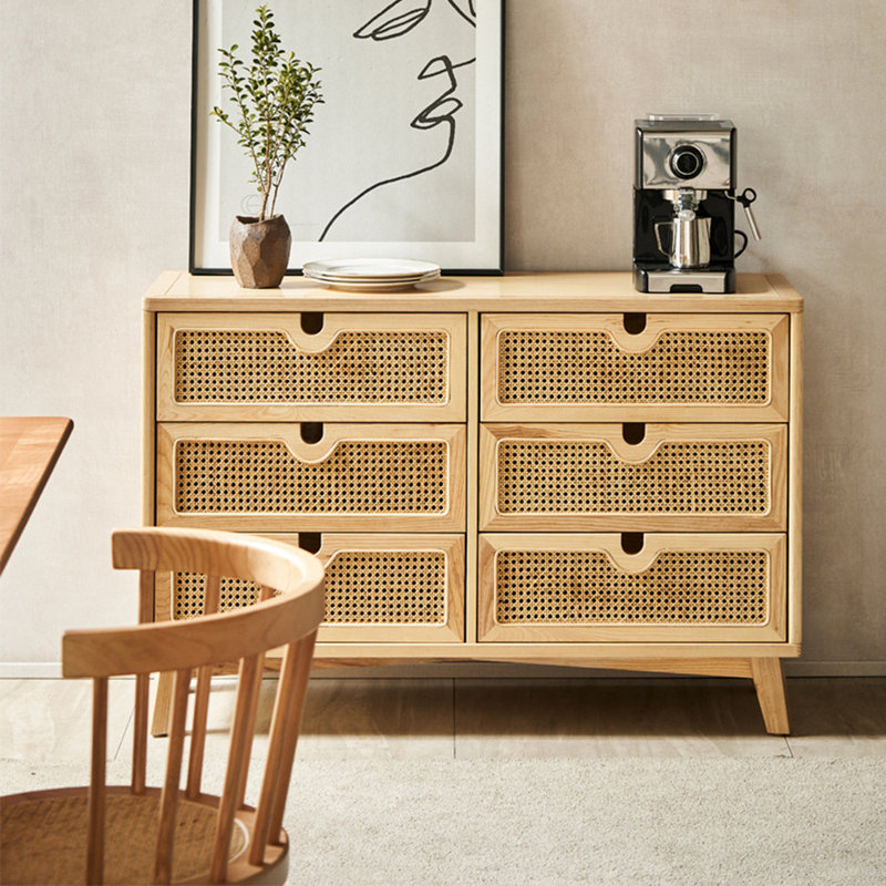 Solid Wood Rattan Woven Simple Drawer Locker 47.24'' W 6 - Drawer Dresser