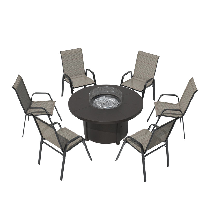 48ʺ Round 40,000 Btu Outdoor Fire Pit Table Set with Galvanized Steel Frame Textilene Chairs, 7 Pcs: Firepit Table, 6 Chairs