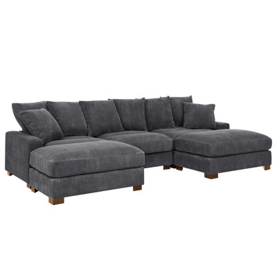 5 - Seat 122 Inch Gray Modular Corduroy , Adjustable Headrests, Foam Cushions With Coil Springs, Solid Wood Legs And Manufactured Core Wrapped Frame Assembly