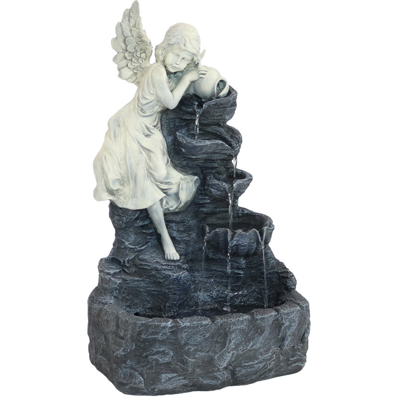 Jaliya Weather-Resistant Angel Falls Traditional Polyresin Solar Fountain with Battery and LEDs