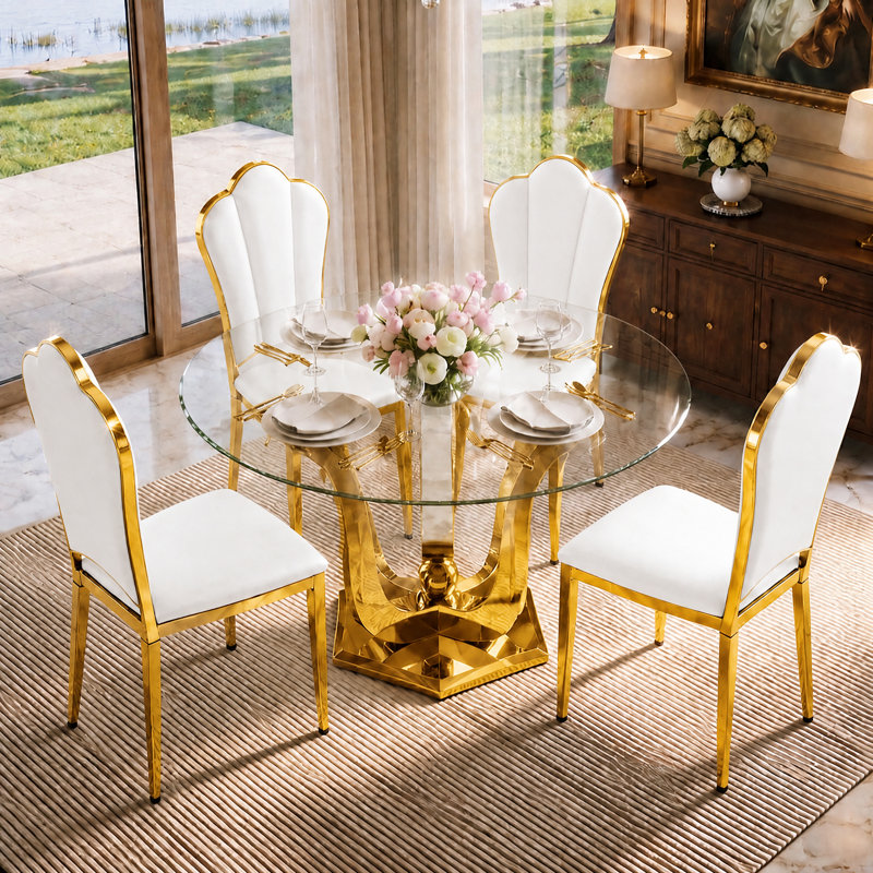 Ensemble de table et chaises de salle à manger rondes modernes en verre de 120 cm (47,2 po) pour 4 personnes, ensemble de table et chaises de cuisine 5 pièces pour salle à manger, appartement