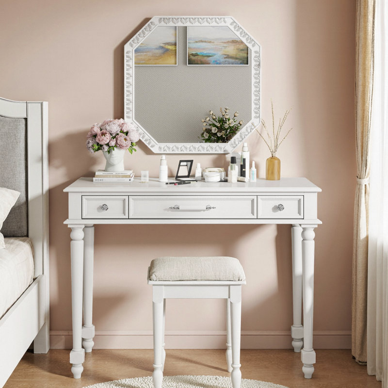 Makeup Desk With Large Mirror, 3-Drawer Dressing Table For Jewelry Storage, Elegant Console Table For Bedroom, Living Room, Hallway & Foyer,White