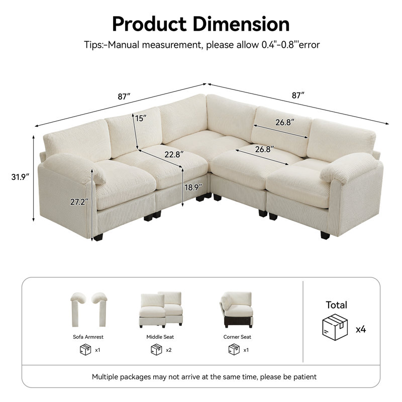 Canapé modulaire 5 places avec accoudoirs coussinés, Chenille beige