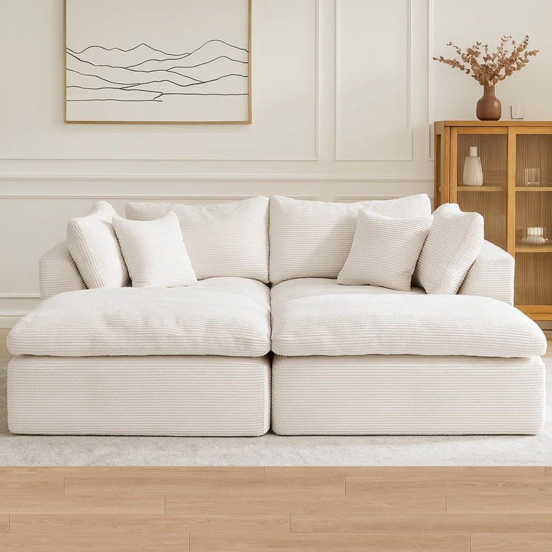 4 - Piece Slipcovered Corduroy Sectional Sofa Sleeper Couch, Beige