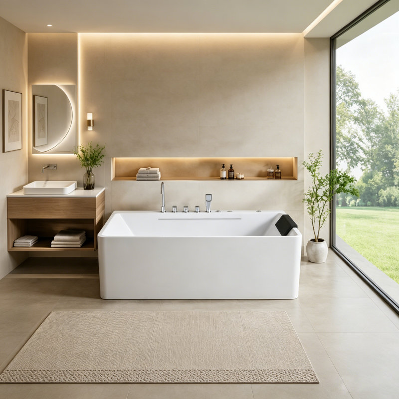 67" Freestanding Whirlpool Soaking Acrylic Bathtub with Massage Jet, Foot-Operated Drain , Ergonomic Pillow and LED Lights