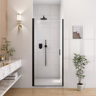 Porte de douche pivotante semi-sans cadre l 32 po x H 72 po en noir mat avec verre trempé de 6 mm d'épaisseur