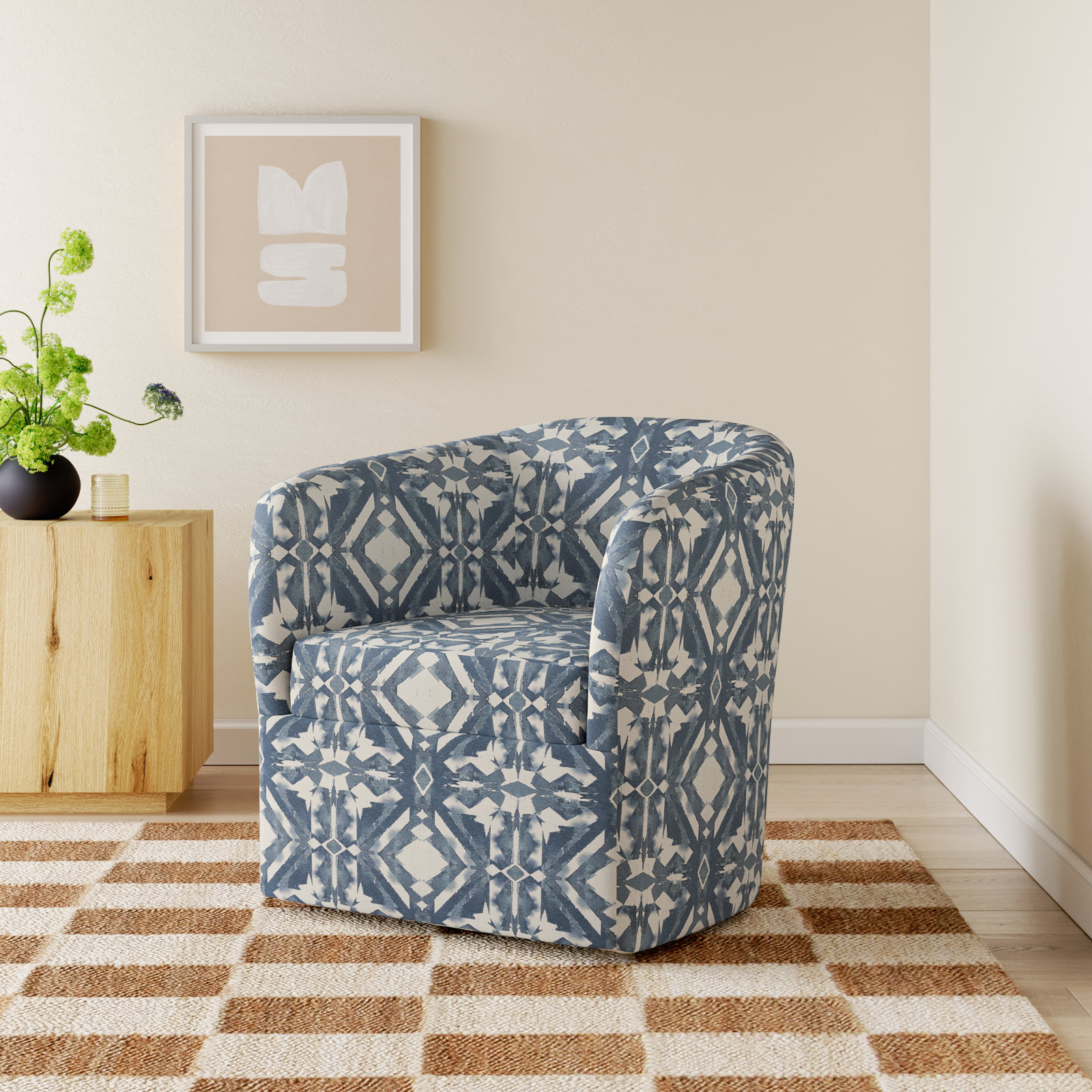 Lesia Upholstered Swivel Barrel Chair, Asha Blue Ikat