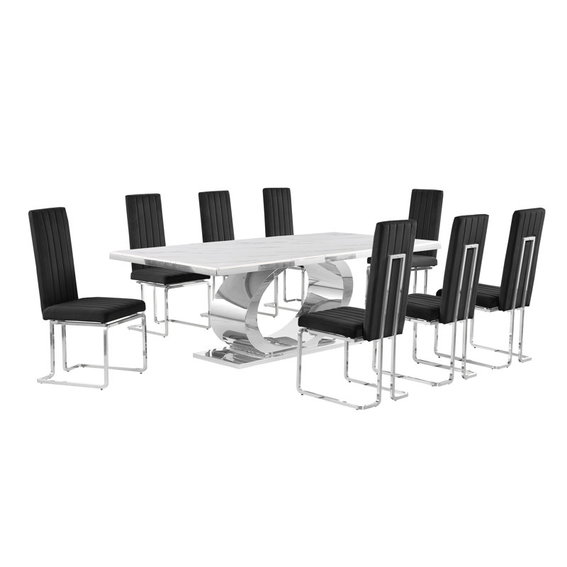 Ensemble de salle à manger 87 L 44 x Bauke, Ensemble salle à manger 9 pièces, Noir / argent, Argent