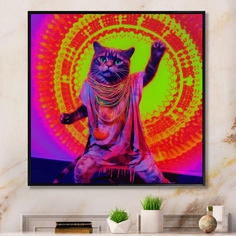 Chat Rave en néon rose - imprimé, H 16 po x l 16 po x P 1 po, Cadre flottant noir