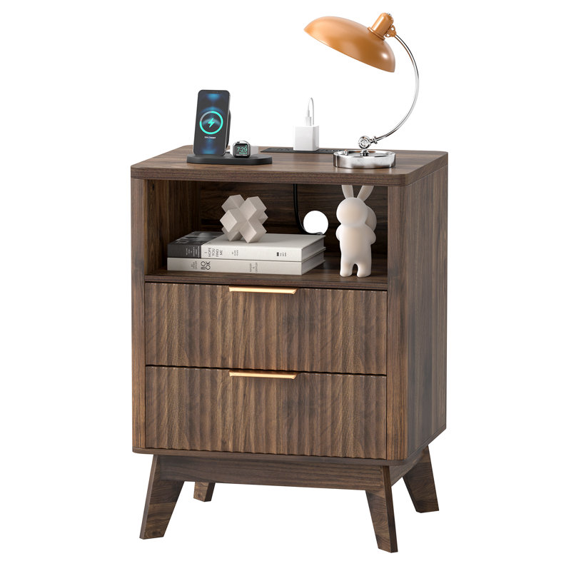 Table de chevet moderne en bois avec station de charge et tiroir