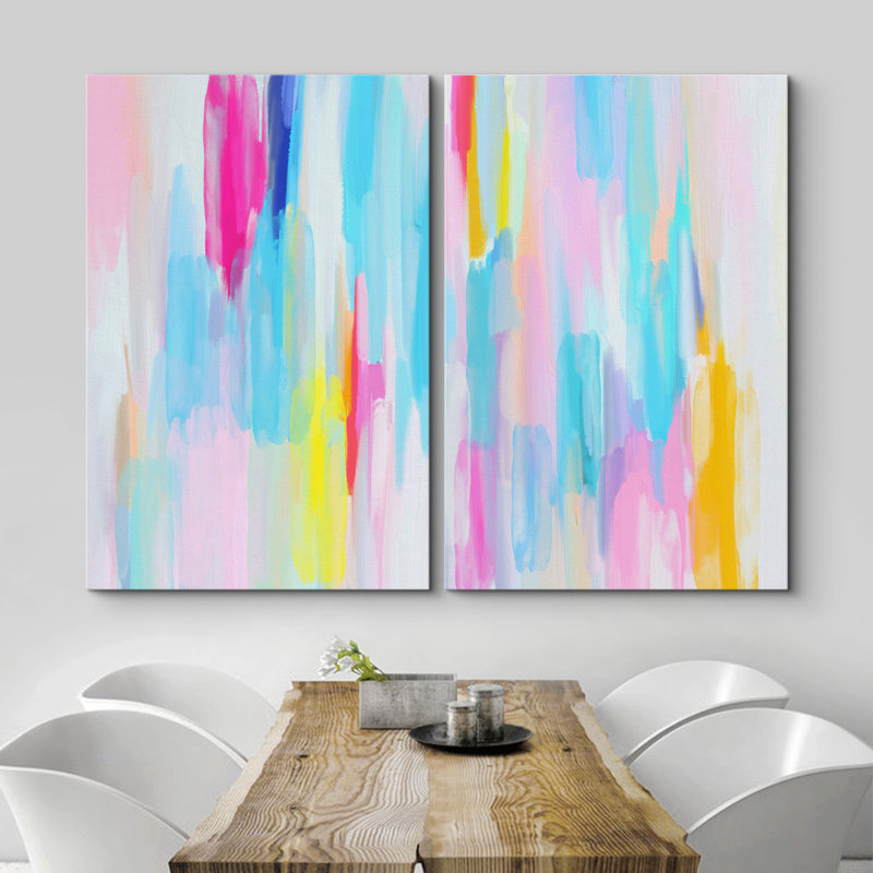 «Vibrant Artwork», impression sur toile multicolore à rayures pastel multicolores, ensemble de 2 pièces