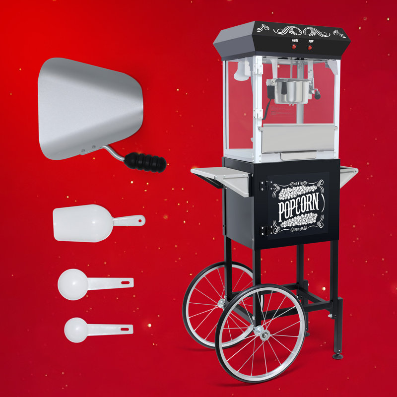 Machine à maïs soufflé de style théâtre 8 oz avec chariot - Plateau chauffant chauffant et tiroir Old Maids, Noir