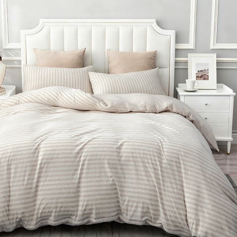 Jersey Cotton Set, Queen Duvet Cover + 2 Standard Shams, Beige Stripe