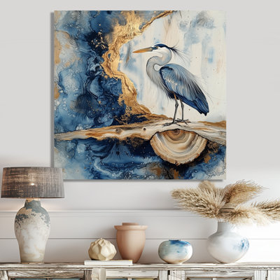 Heron In Golden Chinese Ink Landscape III - Heron Metal Wall Art For Living Room