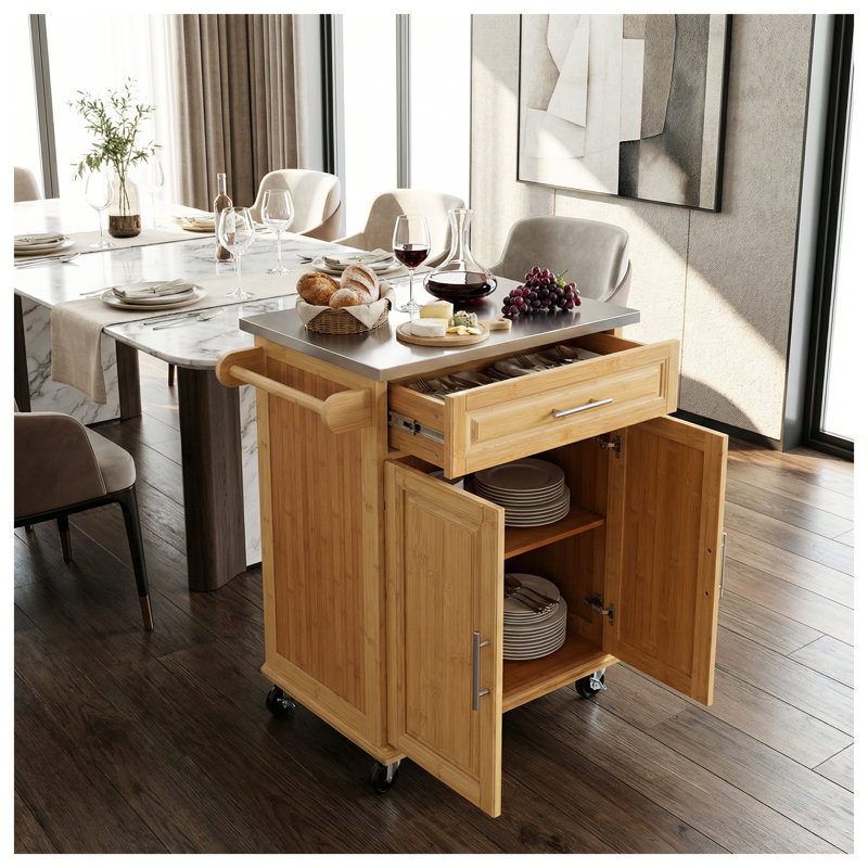 Compact Bamboo Rolling Kitchen Cart with Stainless Steel Top, Natural Finish
