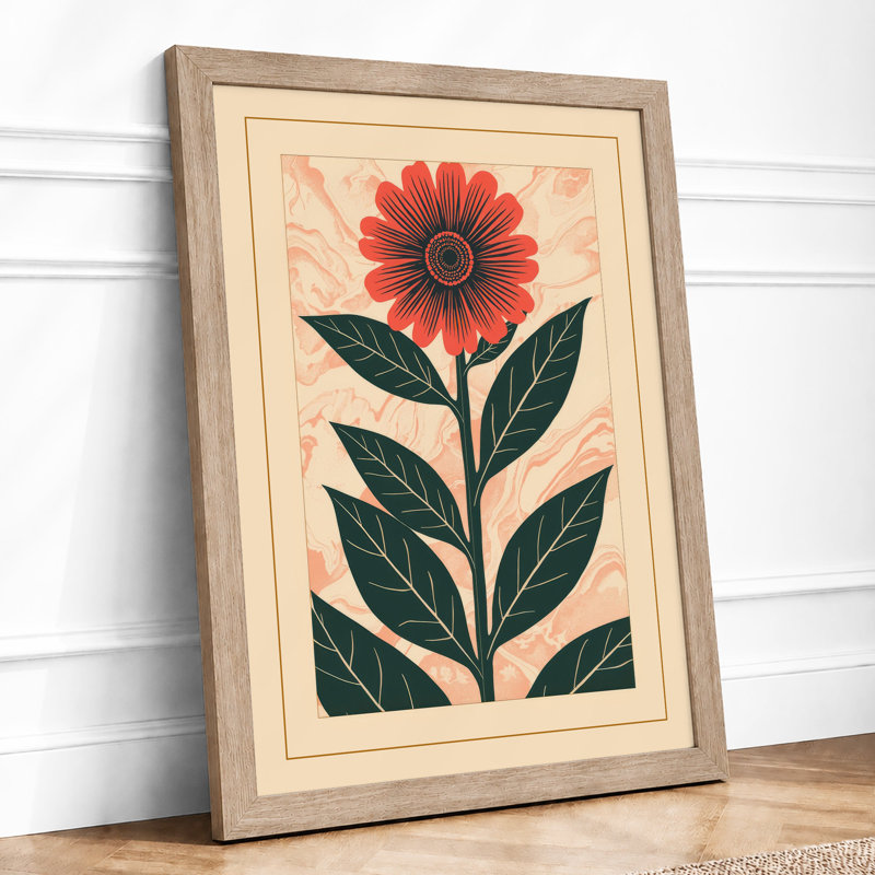 Red Gerbera Daisy Botanical - Framed Print, A1 - 84.1 x 59.4 cm, Oak
