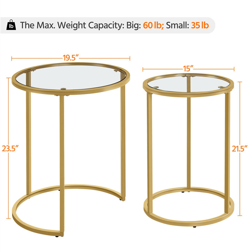 Baina 23.5"H Round Nesting End Table Set with Metal Frame, Gold