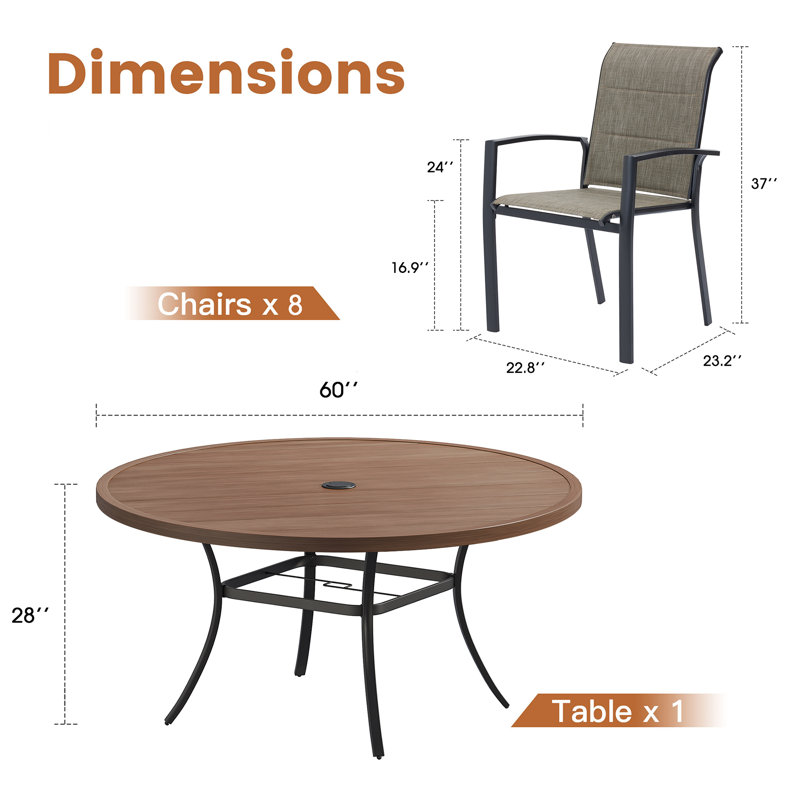 60" Patio Dining Set with Extra Large Round Dining Table and 8 Padded Textilene Dining Chairs, Black/Brown/Brown