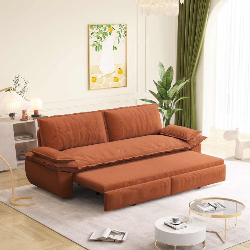 Lit convertible Queen en velours côtelé orange, 73,2 po de hauteur, avec renforts doubles, tissu doux
