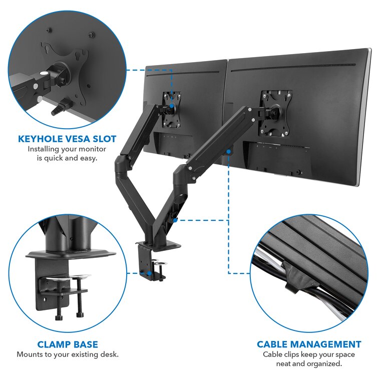 VIVO Black Articulating Dual Pneumatic Spring Arm Clamp-on Desk Mount  Stand, Fits 2 Monitor Screens 17 to 27 inches with Max VESA 100x100,  STAND-V102O