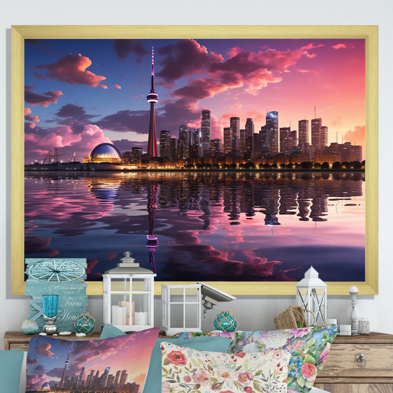 Mauve Toronto par nuit - imprimé, H 24 po x l 32 po x P 1 po, Encadrement doré
