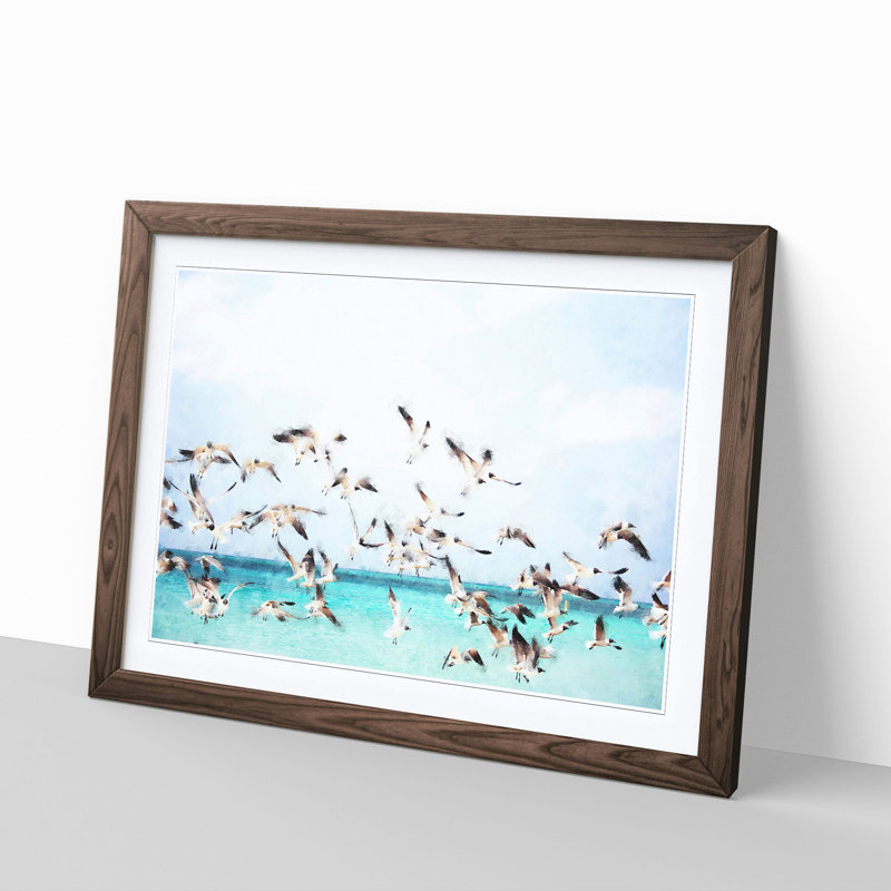 Flock Of Seagulls Over The Sea - Single Picture Frame Print on MDF, 62cm H x 87cm W x 2cm D, Walnut Framed
