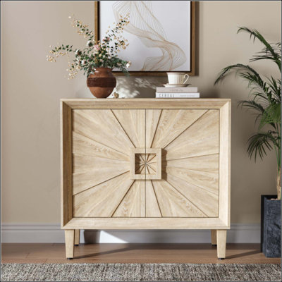 Mid-Century Modular Credenza Sideboard Buffet, Small Space Cabinet with Symmetrical Sunburst Doors, Accent Cabinet with Adjustable Shelves for Dining