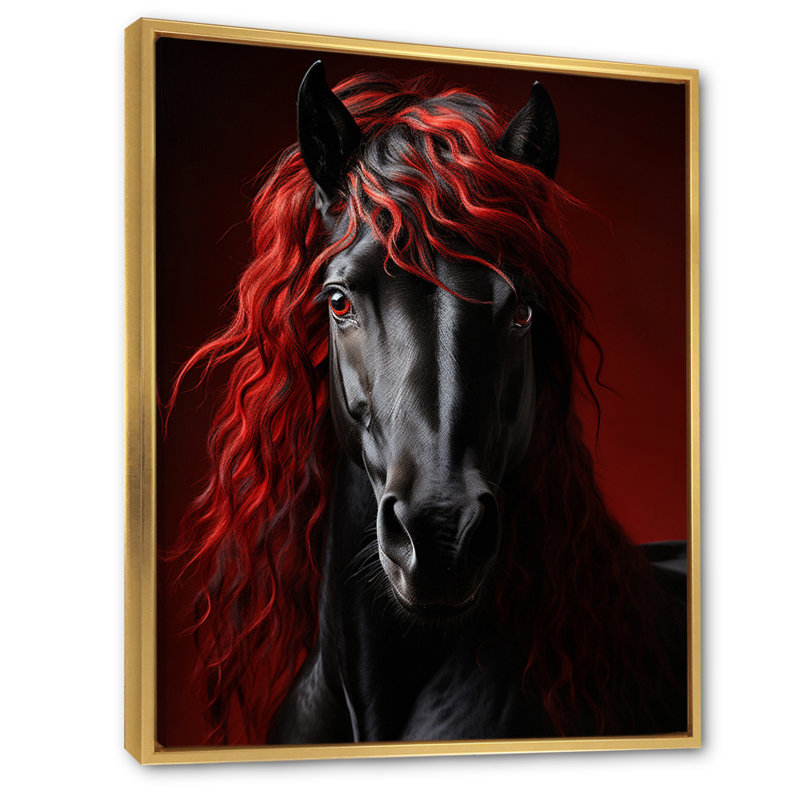 «Red Black Horse Vibrant Red Equine III», reproduction sur toile, H 20 po x l 12 po x P 1 po, Cadre flottant doré