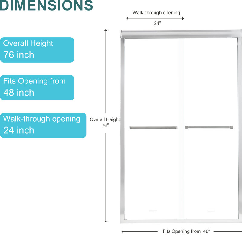 76"H X 48"W Semi- Shower Door, Bypass Sliding, Finish, Glass Door 48" W 76" H, Quality, White