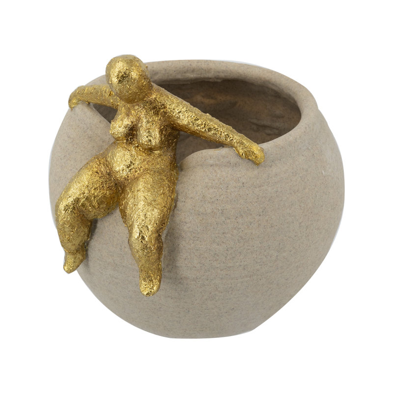 Jardinière ronde blanche 9,5 x 9 x 9 po avec figurine abstraite dorée