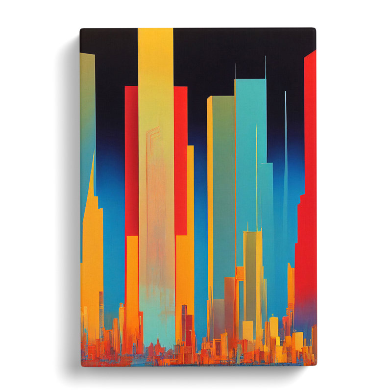 Animated City Skyline Abstract - Wall Art, 50cm H x 35cm W x 3cm D, Wrapped Canvas