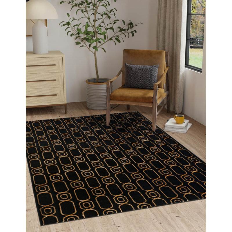 Tapis contemporain noir et doré Vincente, Rectangle 2 pi x 3 pi 1 po