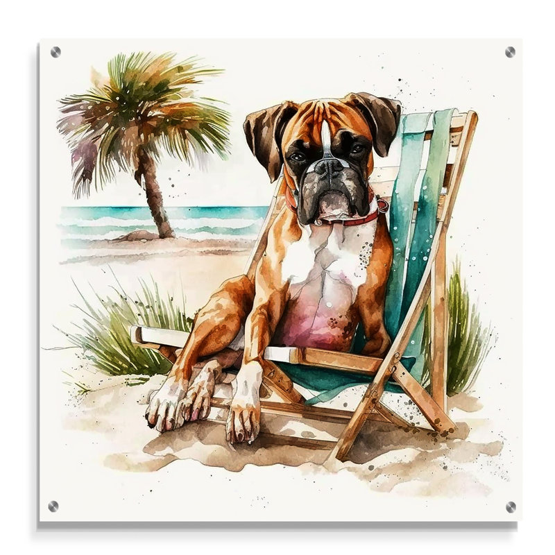 Chien sur la plage V - Art mural acrylique sur chien, H 16 po x l 16 po