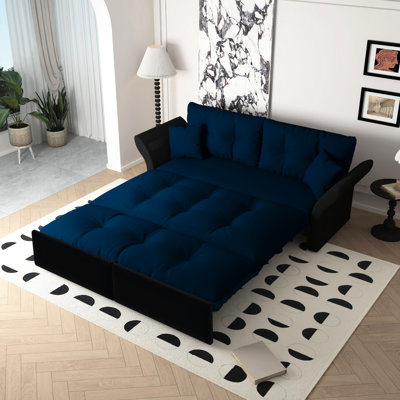 Blue  3 - In 1 Multi Functional Sleeper Bed, Velvet With 2 Soft Pillows, Structure, Suitable For Living Room Convertible Bed Blue, Comfortable Support, Build, Any Scene, Easy To