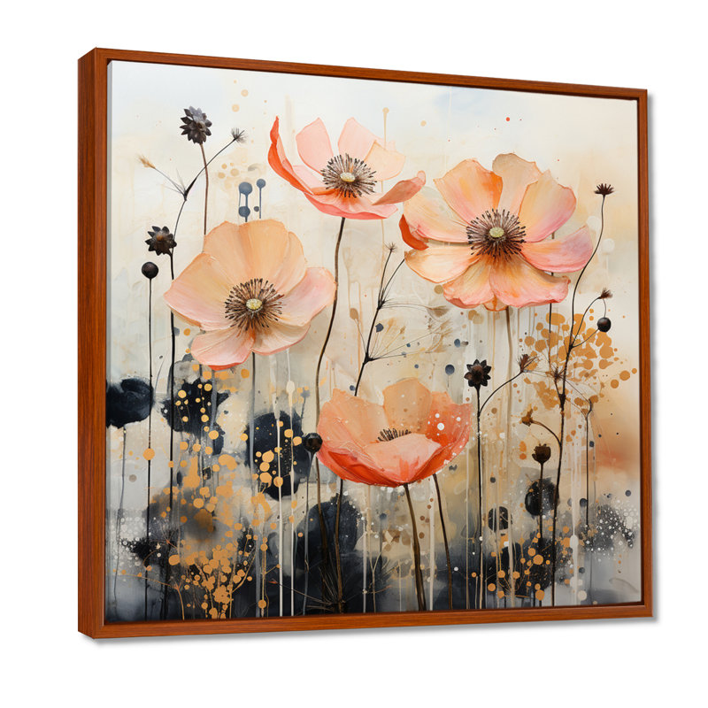 «Peach Blossoming Abstractions I», art mural abstrait sur toile, H 24 po x l 24 po x P 1 po, Cadre flottant brun