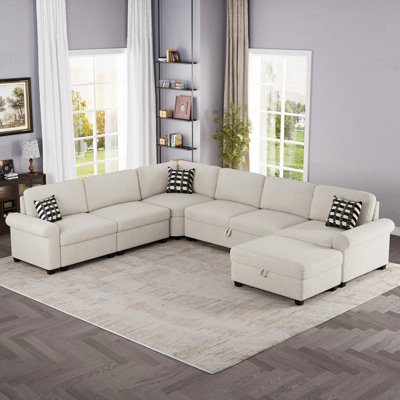 Canapé modulaire en U modulaire avec repose-pieds avec rangement, revêtement en chenille, structure en bois massif, pour le salon