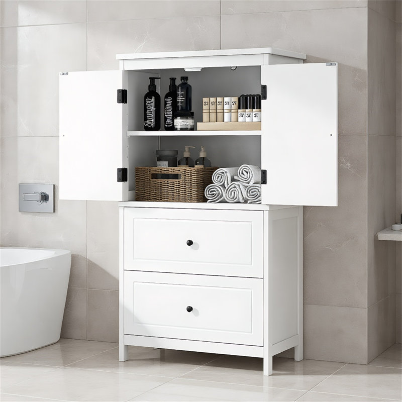 Stylish Bathroom Storage Cabinet – MDF Board Cabinet With Adjustable Shelf, Two Doors And Drawers For Ample Storage, White