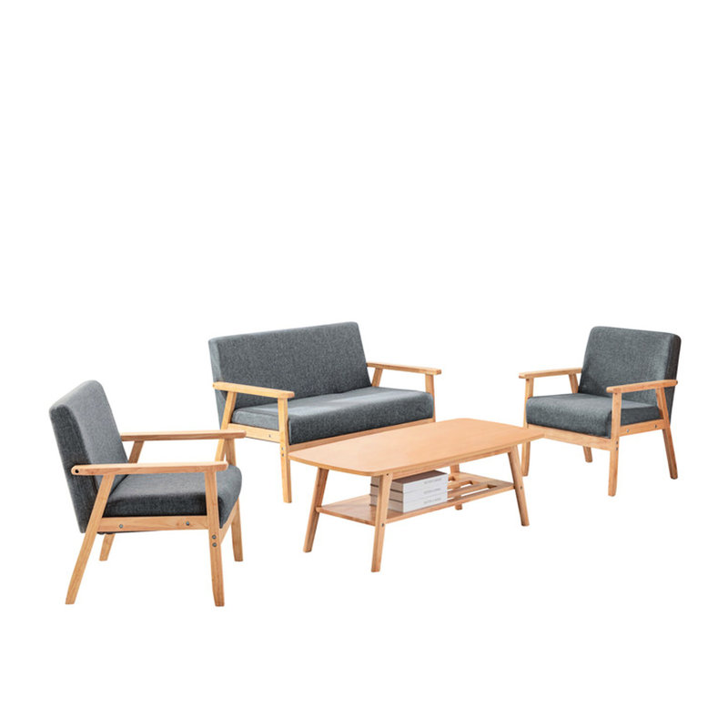 Table basse et 2 chaises rembourrées en lin gris, structure en bois massif