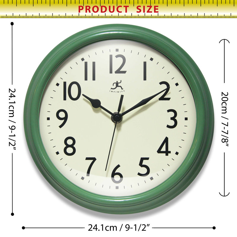 Horloge murale Mid-Century / Moderne ronde en plastique 9,5 pouces, Vert